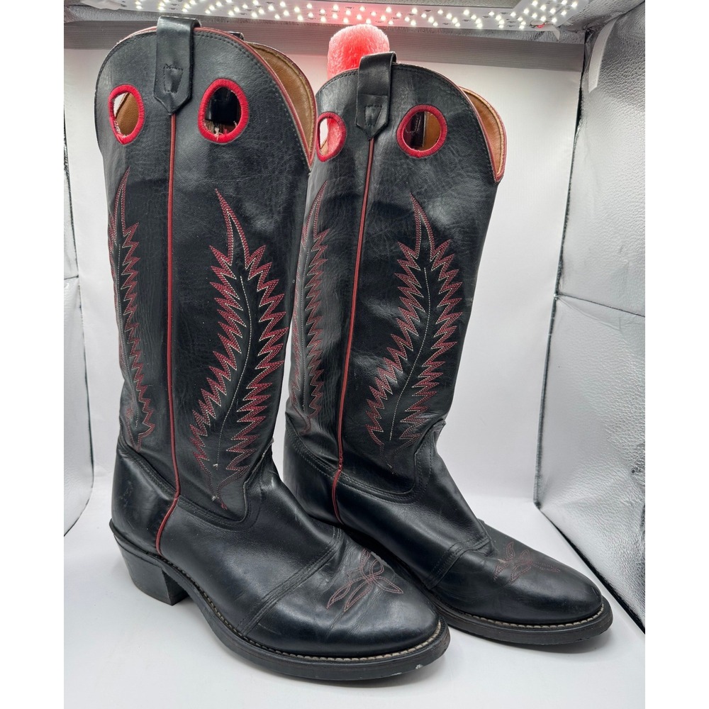 Texas Cowboy Boots Mens 9.5 EE Black Red Leather Western Tall Made in USA 8900